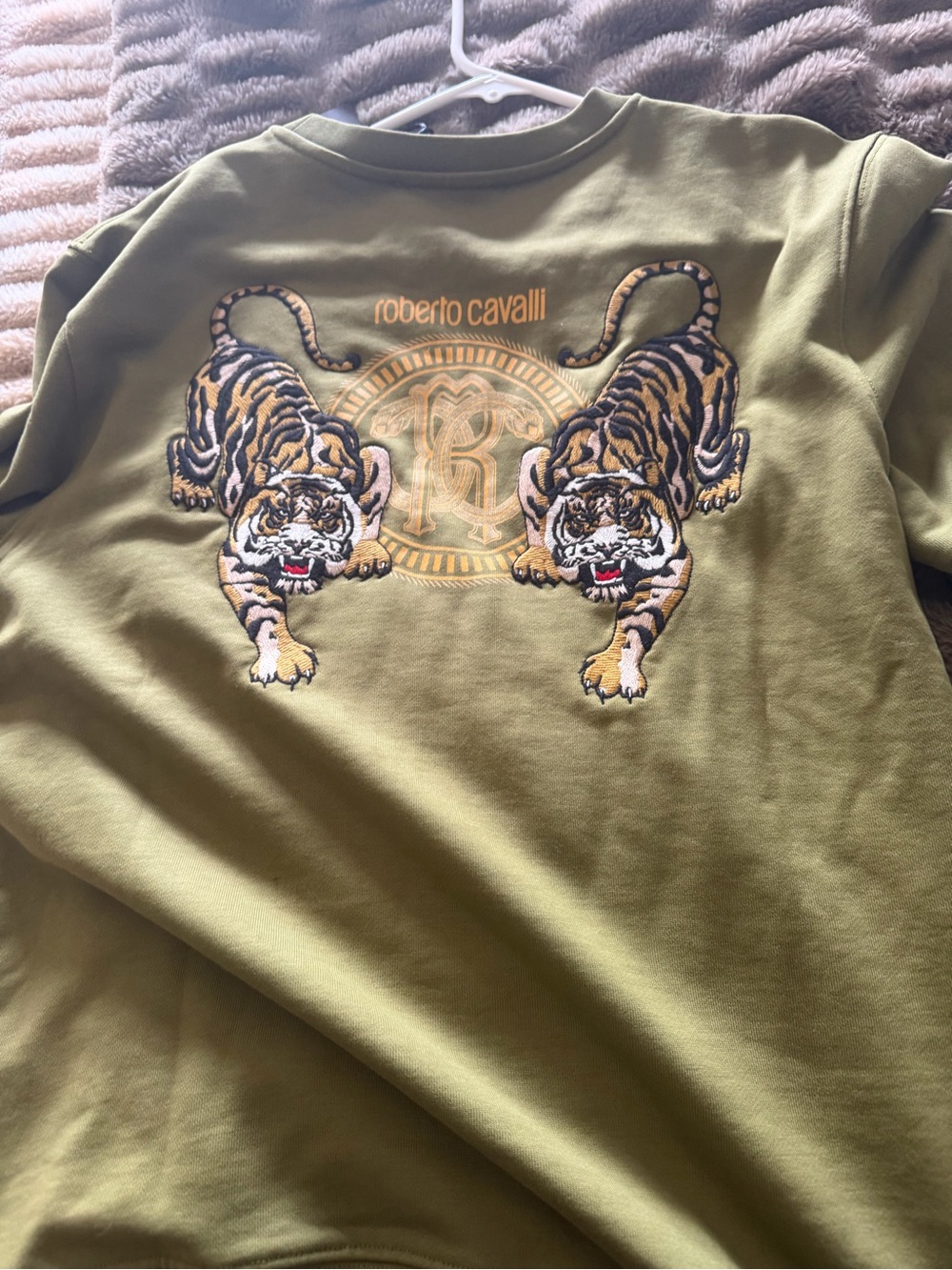 Roberto Cavalli Olive Green Sweatshirt with Twin Tiger Embroidery